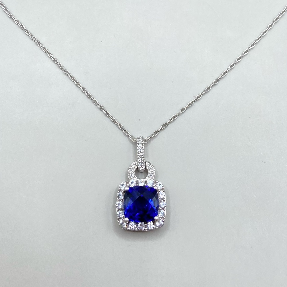 Sterling Silver Blue Cubic Zirconia Halo Square Pendant Necklace